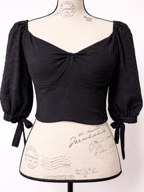 Altar'd State Black Puff-Sleeve Tie Crop Top